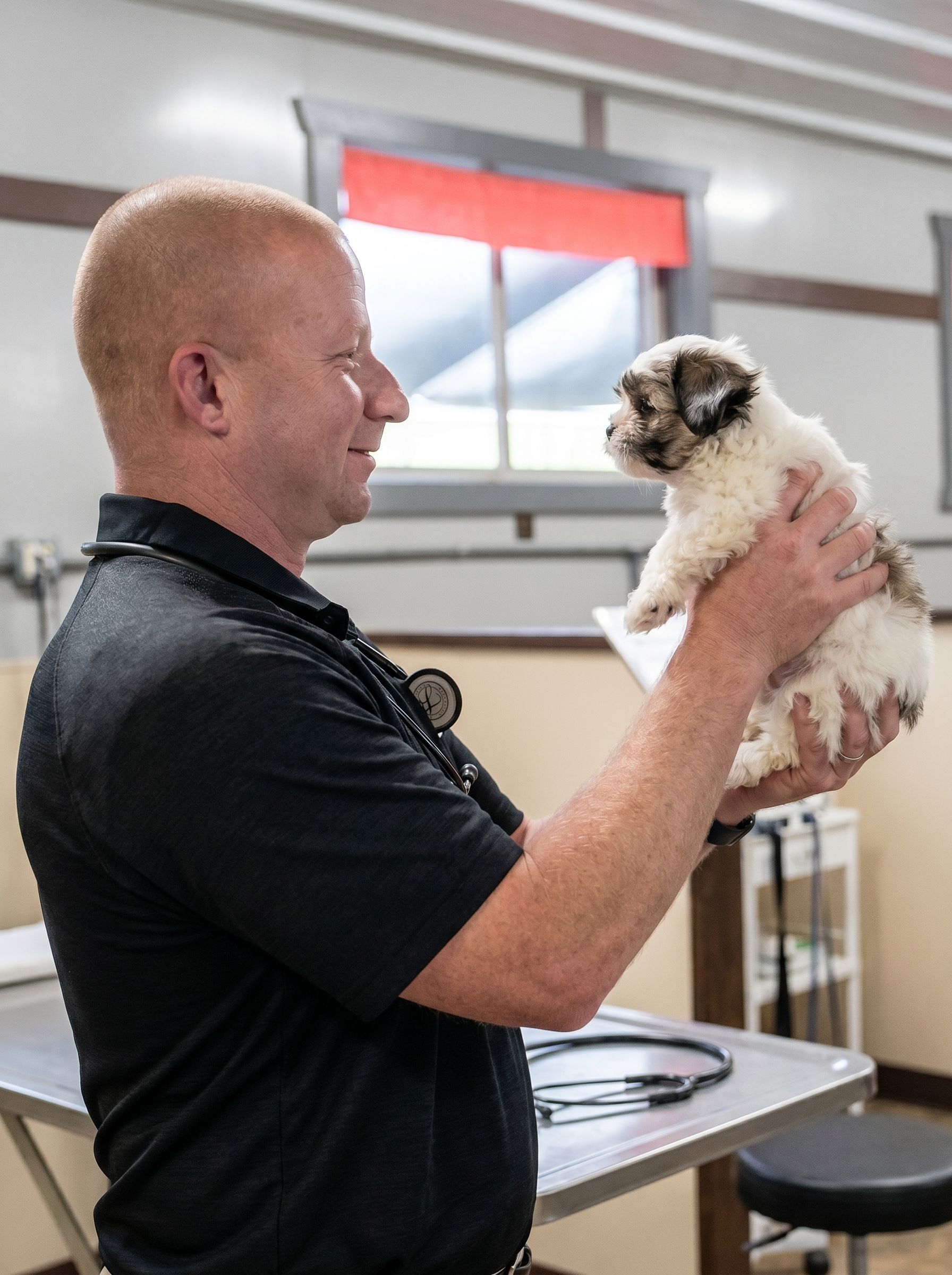 Licensed veterinarian conducting independent medical evaluation for a Premier Pups breeder