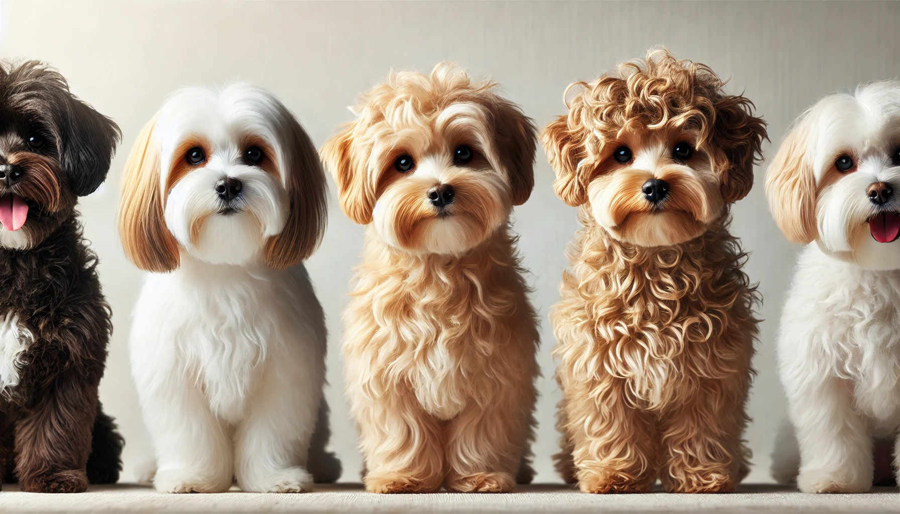 image of three Maltipoo dogs side by side. One Maltipoo has straight hair, another has wavy hair, and the third has curly