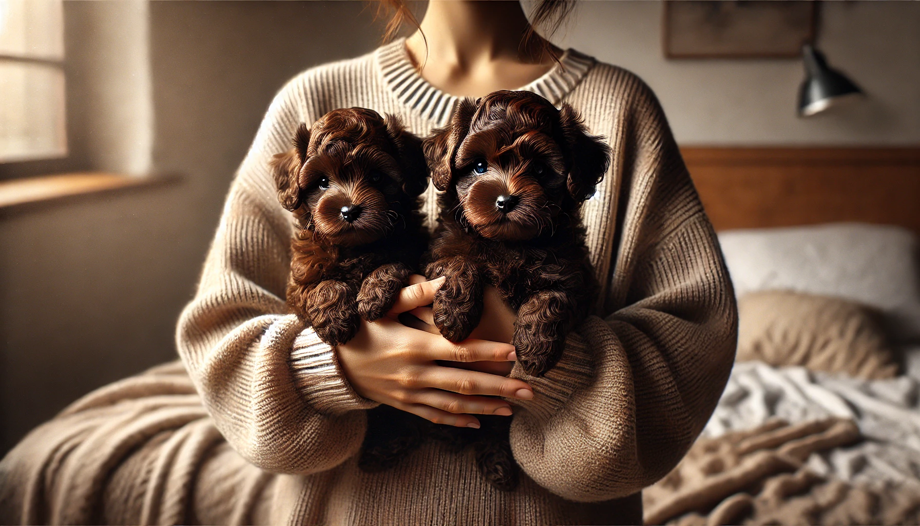 image of a person holding two very young Maltipoo puppies. The puppies have dark chocolate-colored coats, are small and fluffy