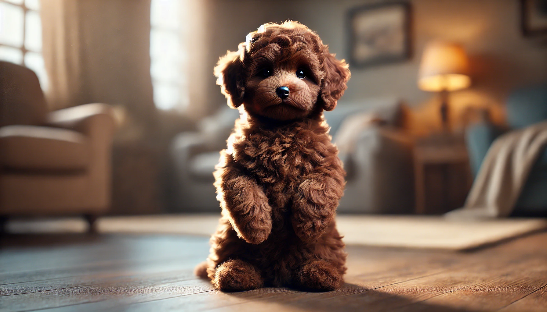 image of a chocolate Maltipoo puppy sitting up on its two hind legs. The puppy has a soft, fluffy chocolate-brown coat