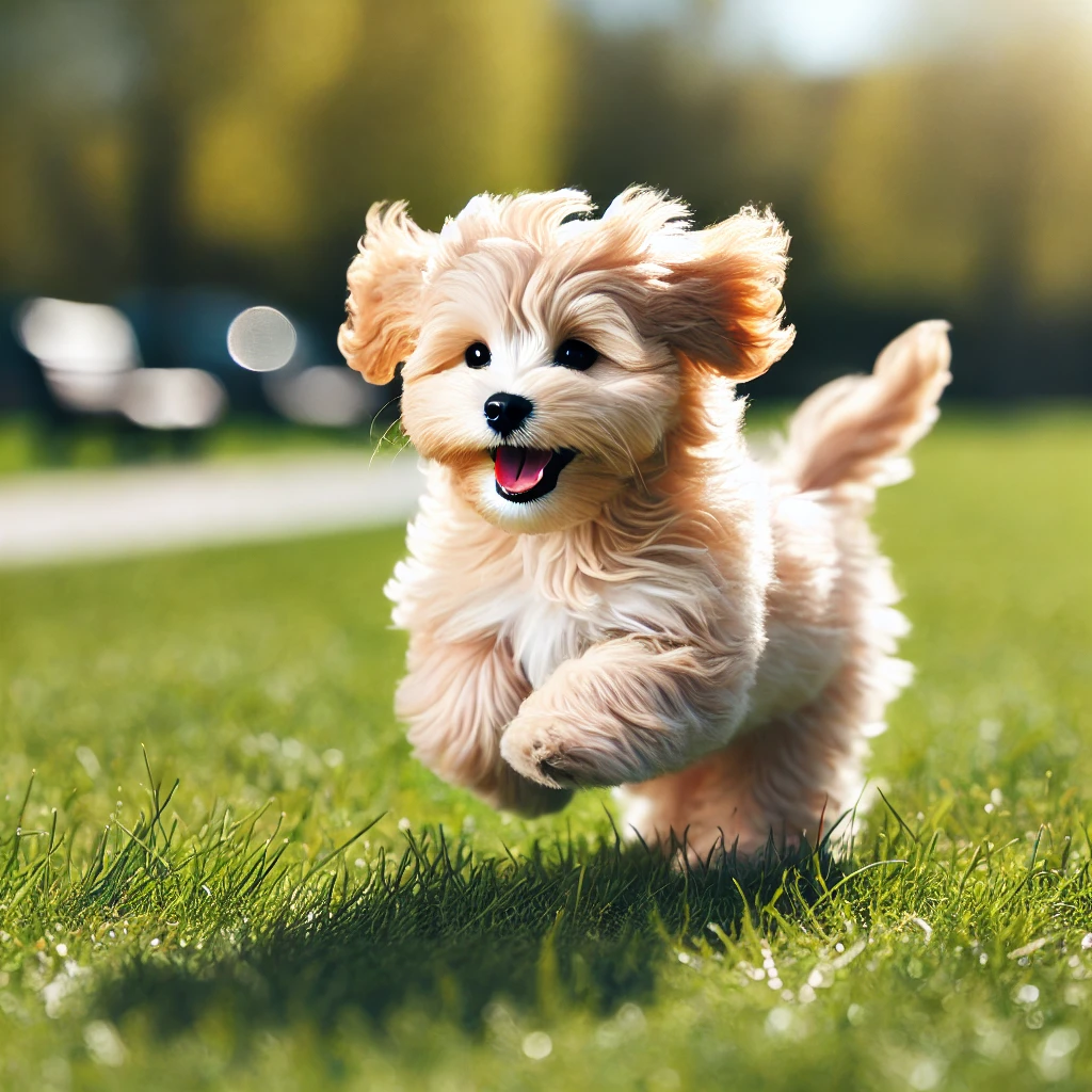 image of a small male Maltipoo dog running outdoors in a playful manner. The setting is a sunny park with green grass