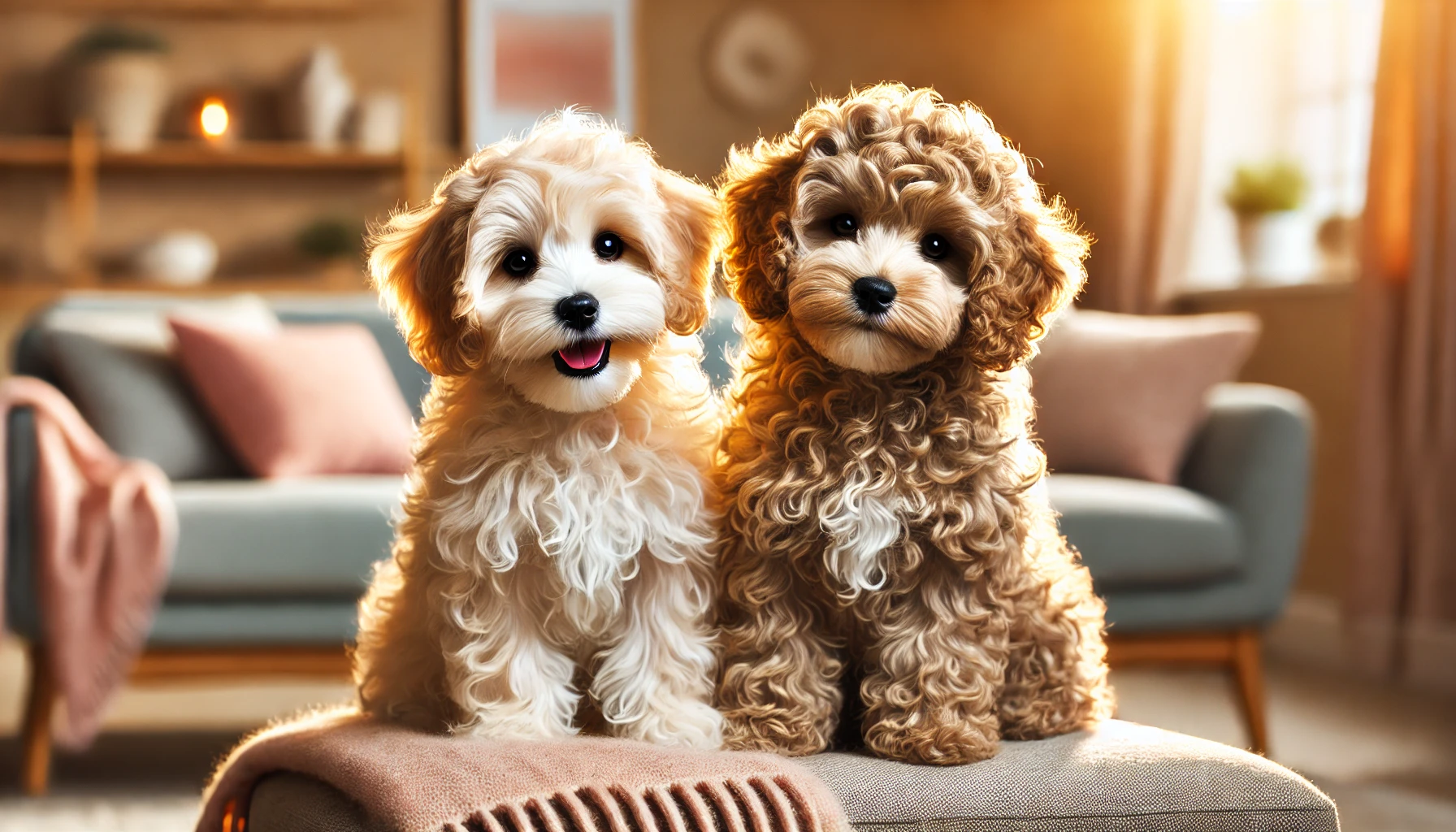 image featuring two Maltipoo puppies in a cozy home setting. One Maltipoo has wavy, light-colored fur, and the other has a curly coat