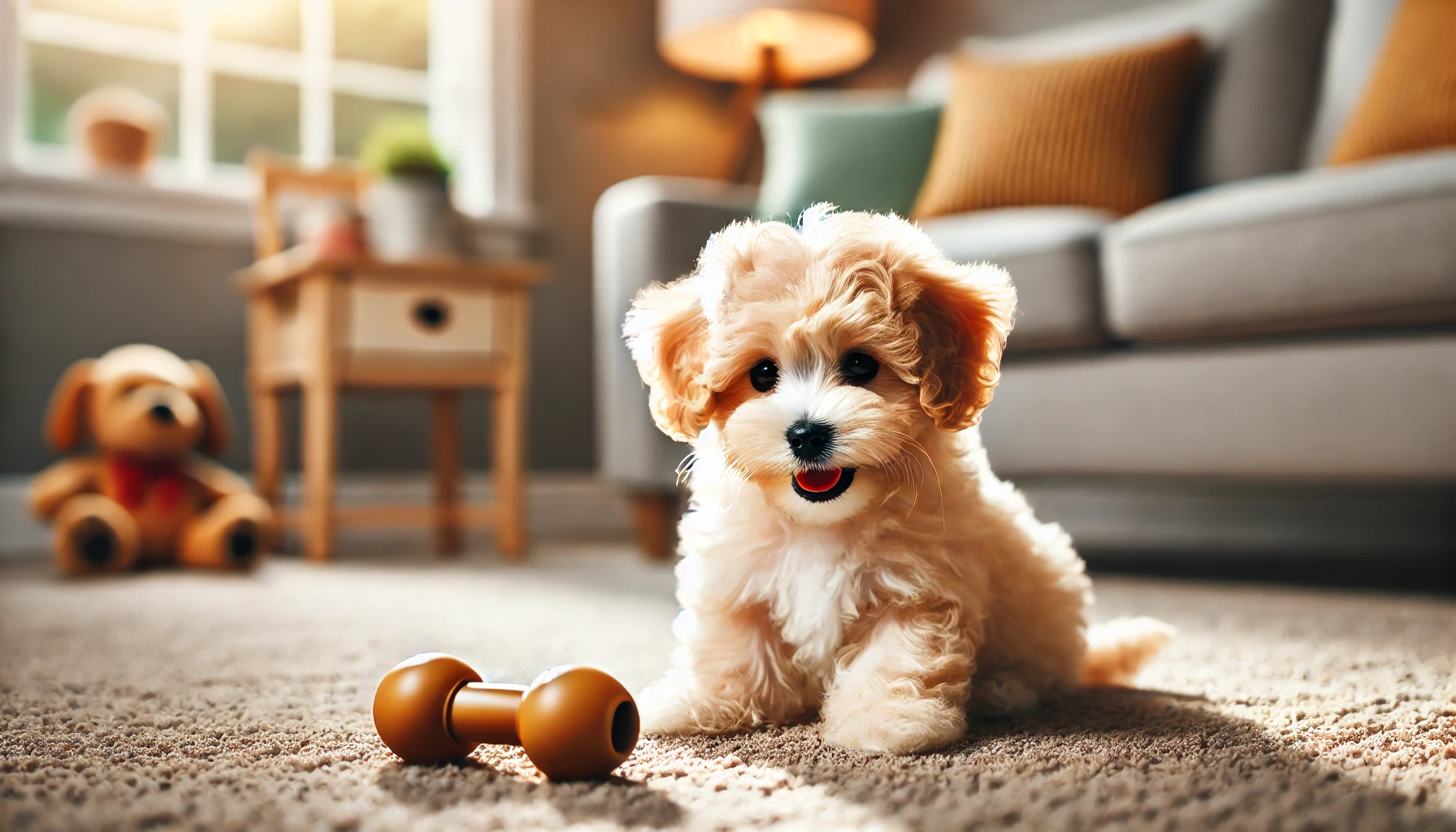 image of a Maltipoo puppy playing alone in a cozy room. The puppy has a fluffy, soft coat and looks happy and engaged