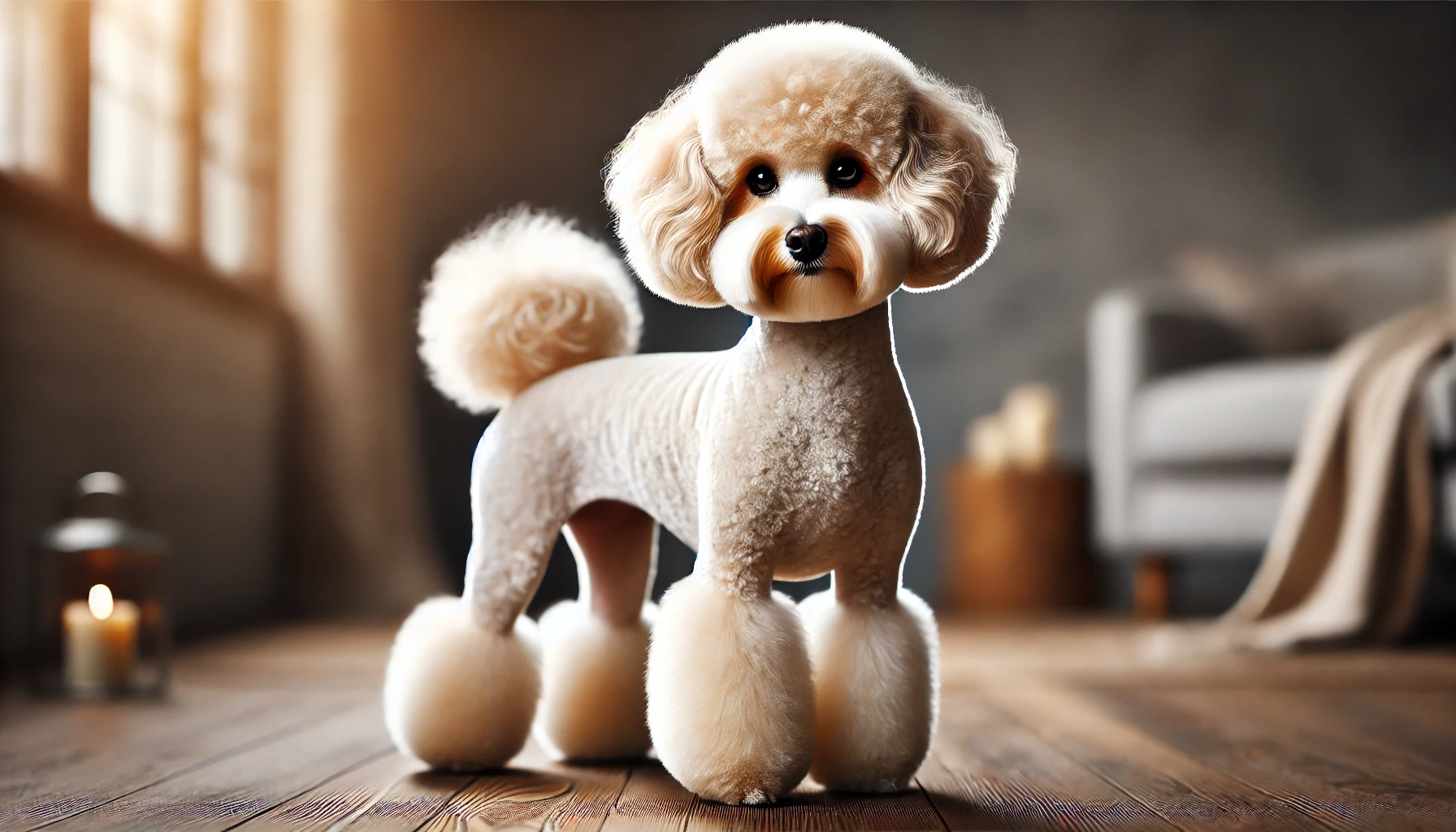 image of a Maltipoo with a Continental Cut. The dog's body is trimmed very short