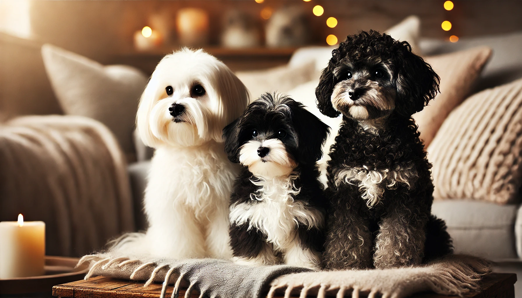 A high-quality image featuring three small dogs sitting contently in a cozy setting - a maltese, a maltipoo and a poodle