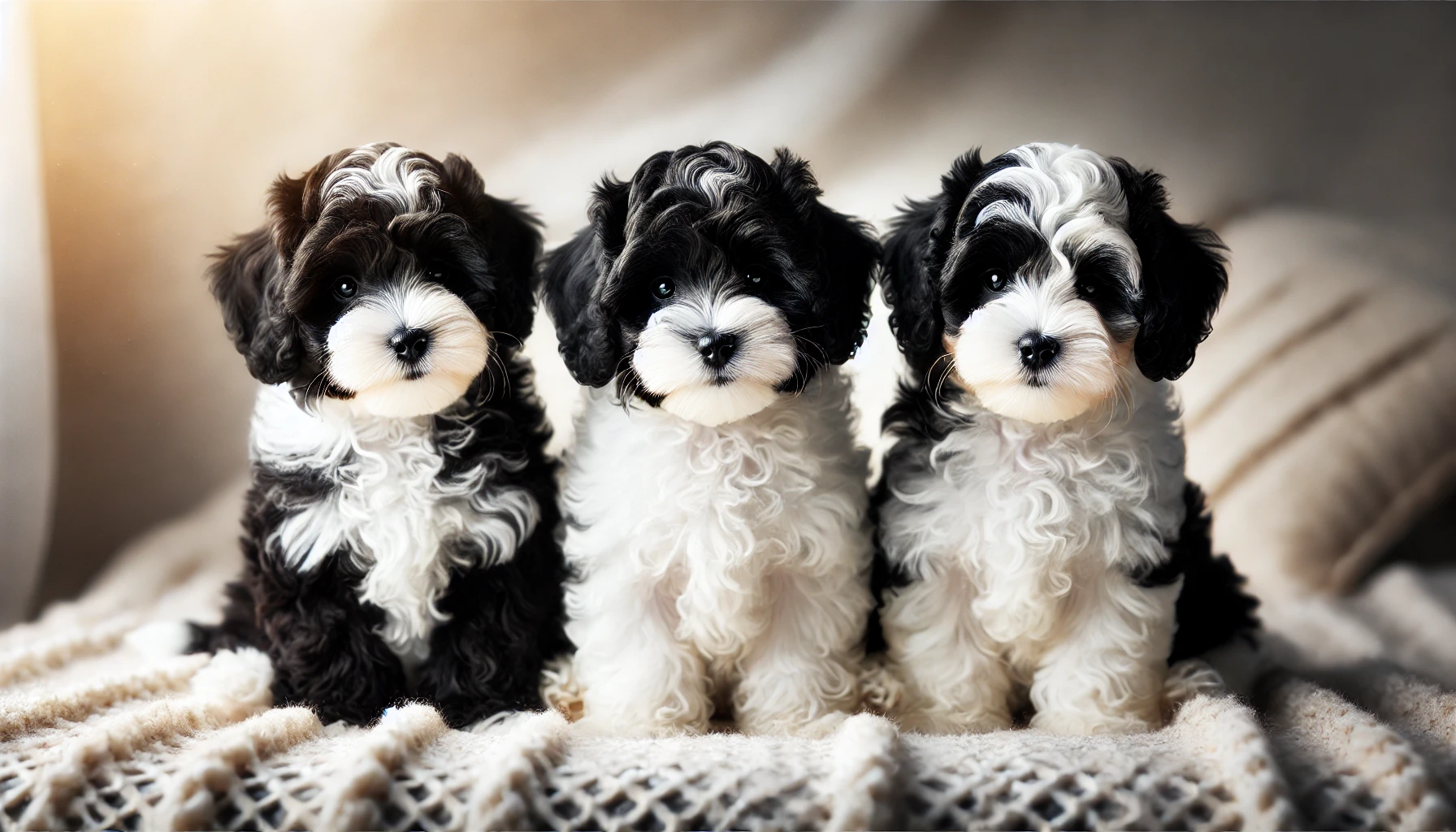 A high-quality image featuring three adorable black and white Maltipoo puppies sitting in a row. Each puppy has a different black and white coat color