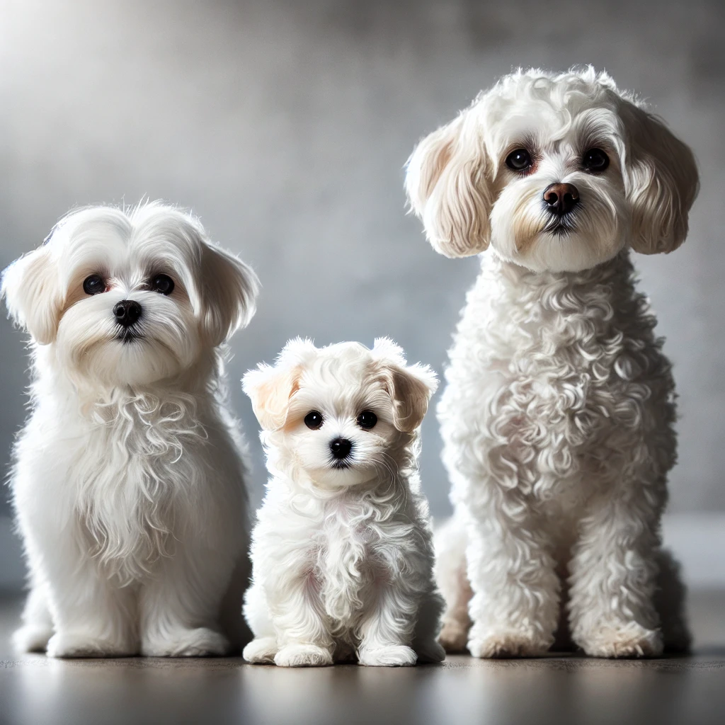 image featuring a Maltese dog on the left, a small Poodle dog on the right, and a teacup Maltipoo puppy sitting in the middle