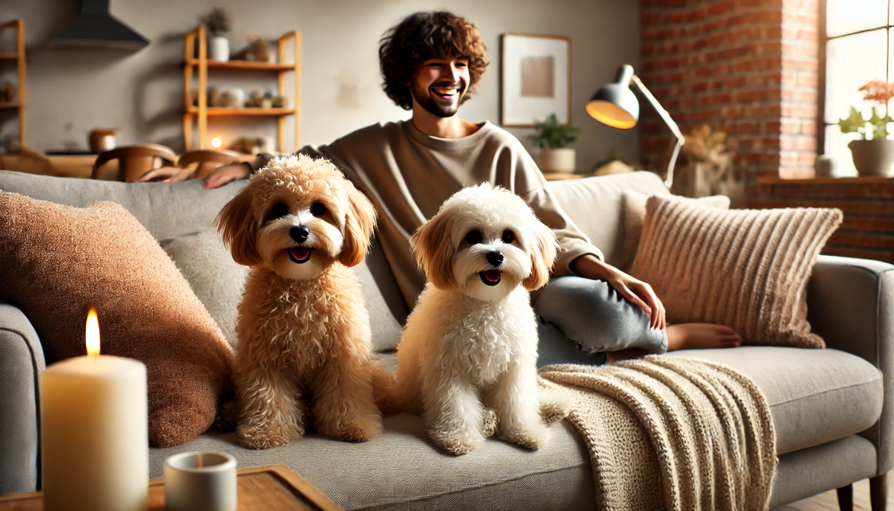 A cozy living room setting with a male and female Maltipoo sitting on a couch next to a person. Both dogs are small, happy-looking, and adorable