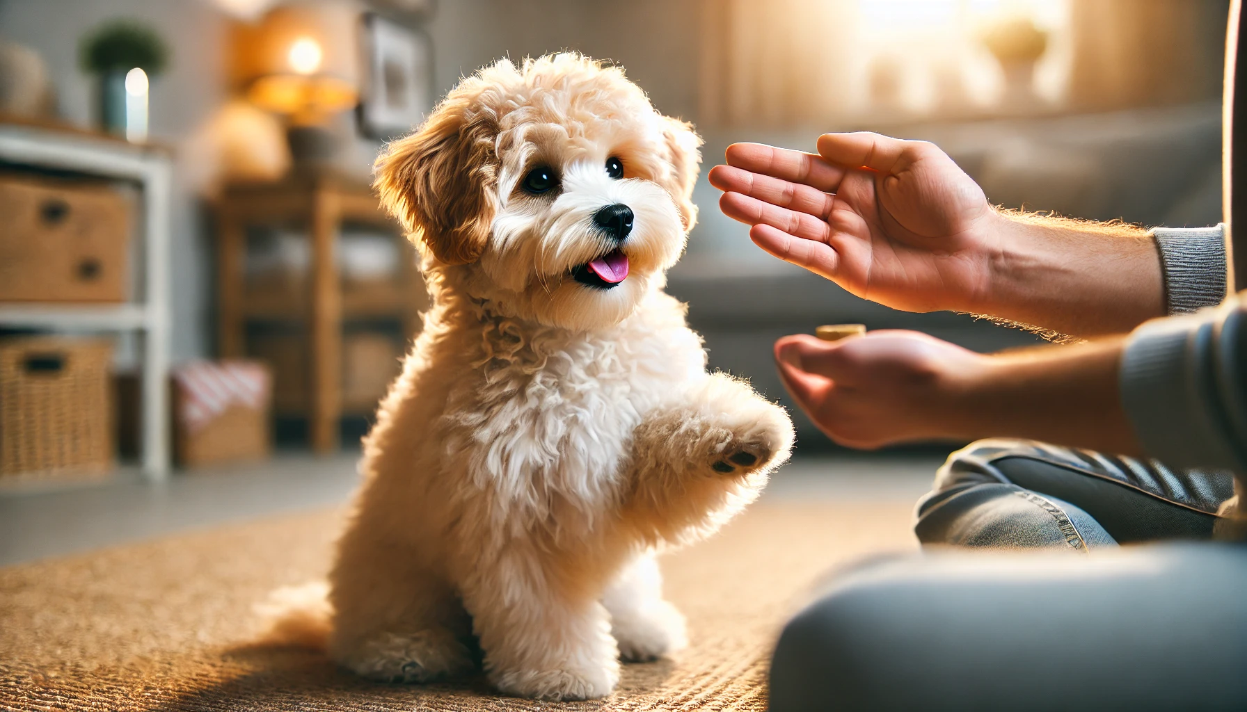 image of a Maltipoo dog being trained by a person