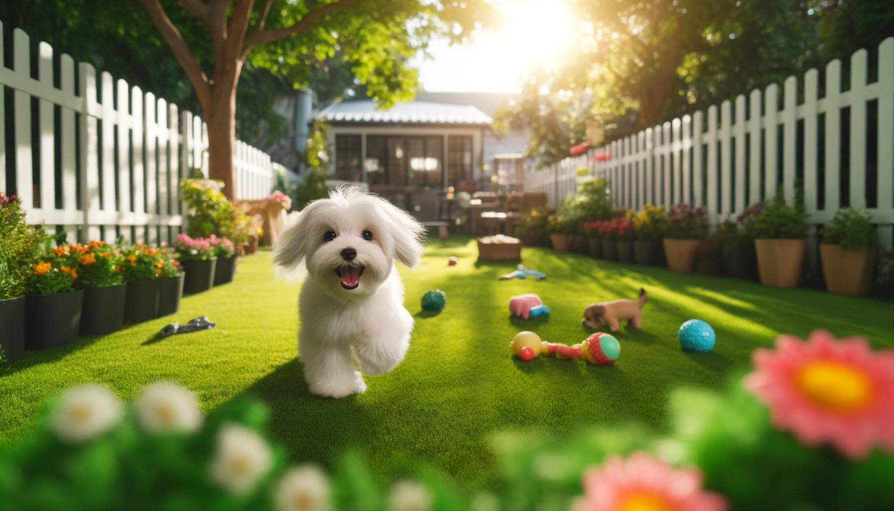 a maltese dog running in a fenced yard