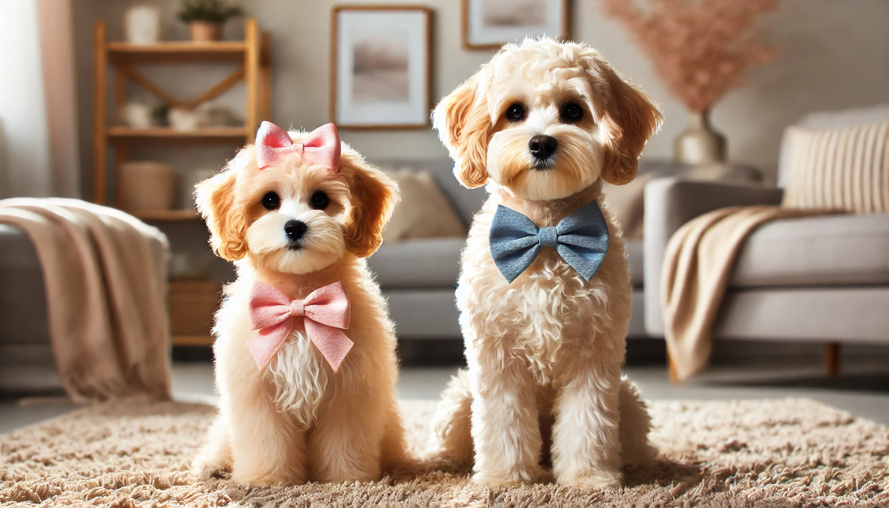  image of a female Maltipoo and a male Maltipoo sitting side by side