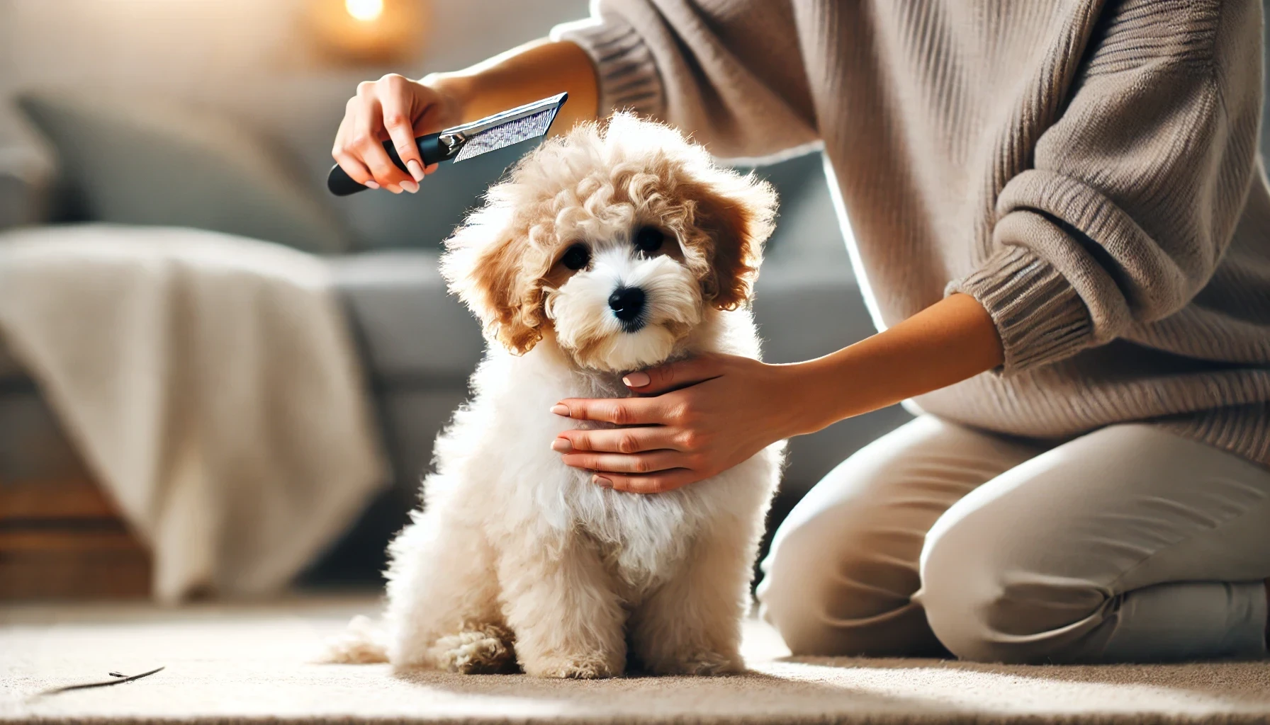 image featuring an F2 Maltipoo puppy with a wavy, fluffy coat being gently groomed by a woman