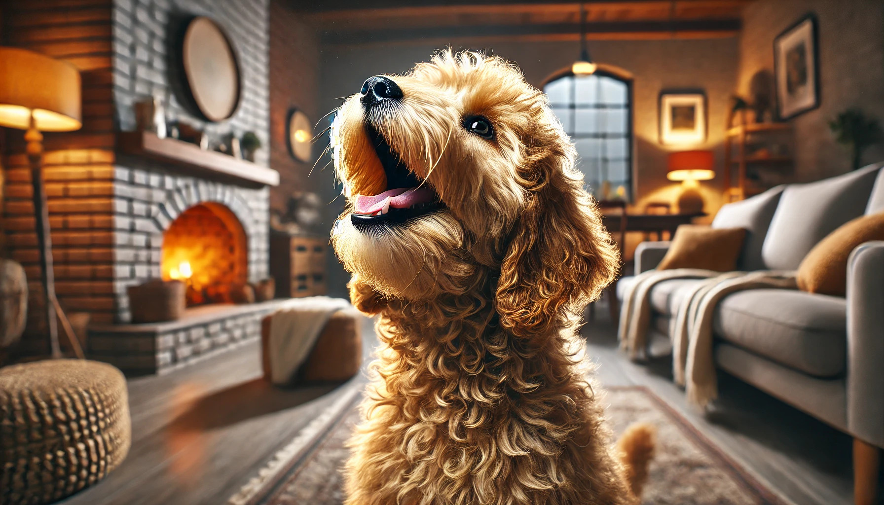 A high-quality image of a Mini Goldendoodle howling inside a cozy home