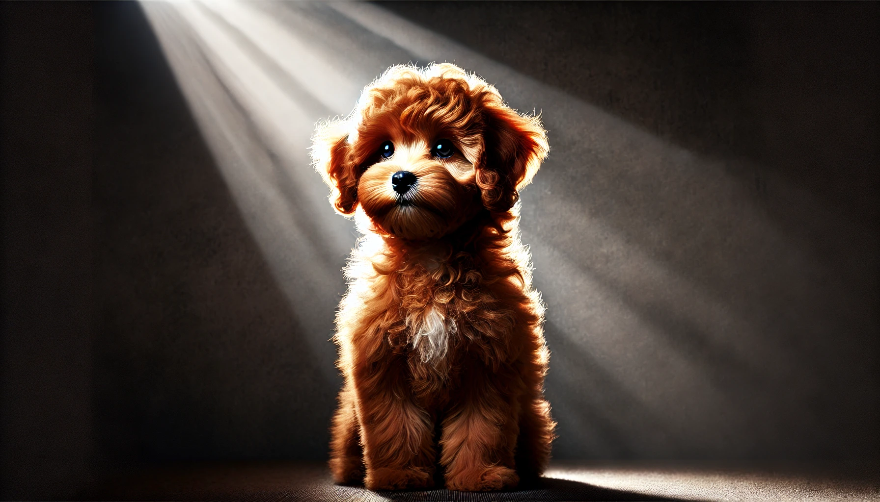 image featuring a red Maltipoo dog in a spotlight. The puppy's fluffy reddish-brown coat is illuminated by the spotlight