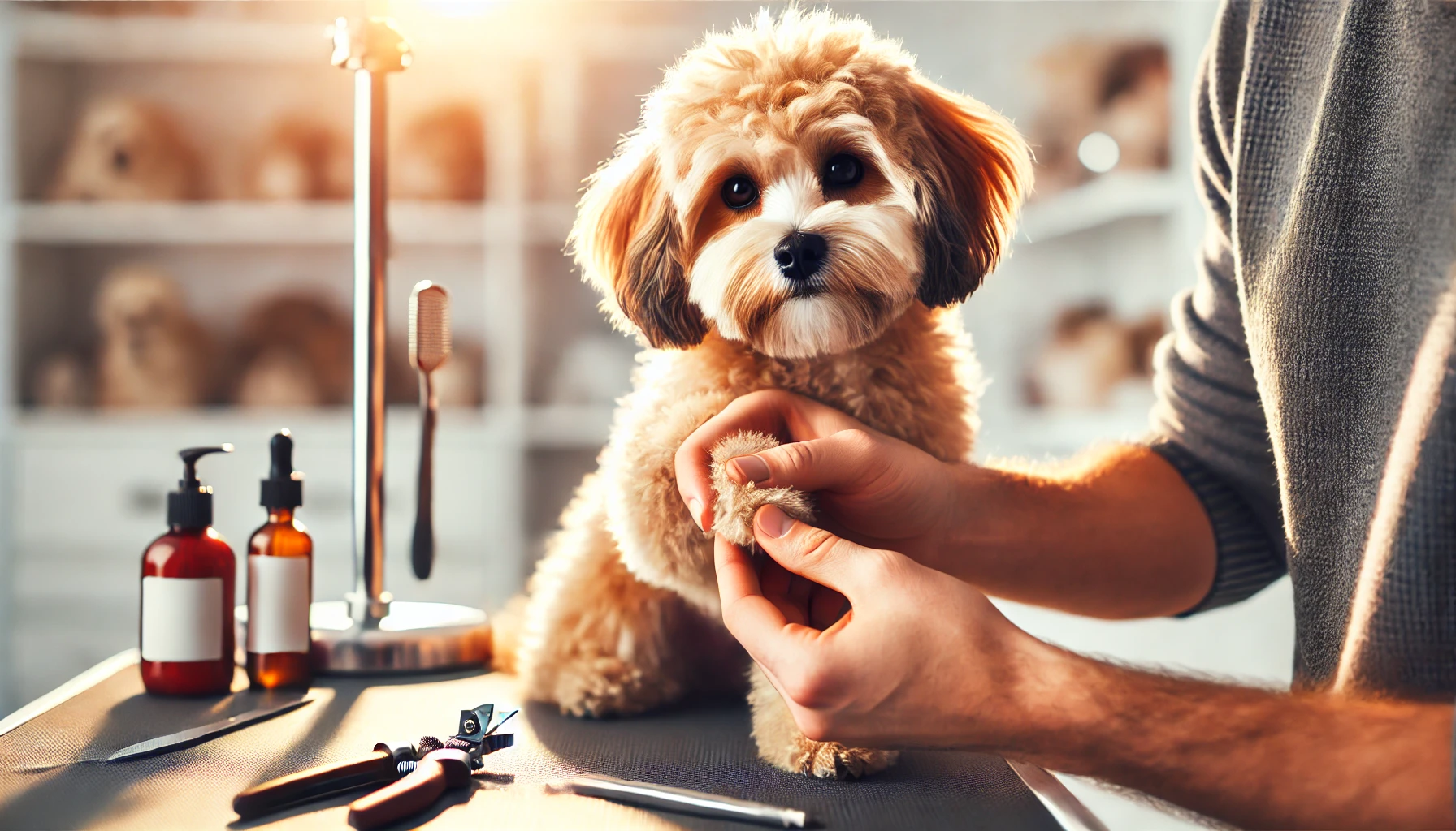  image of a small Maltipoo having its nails trimmed. The Maltipoo has one paw in a person's hand