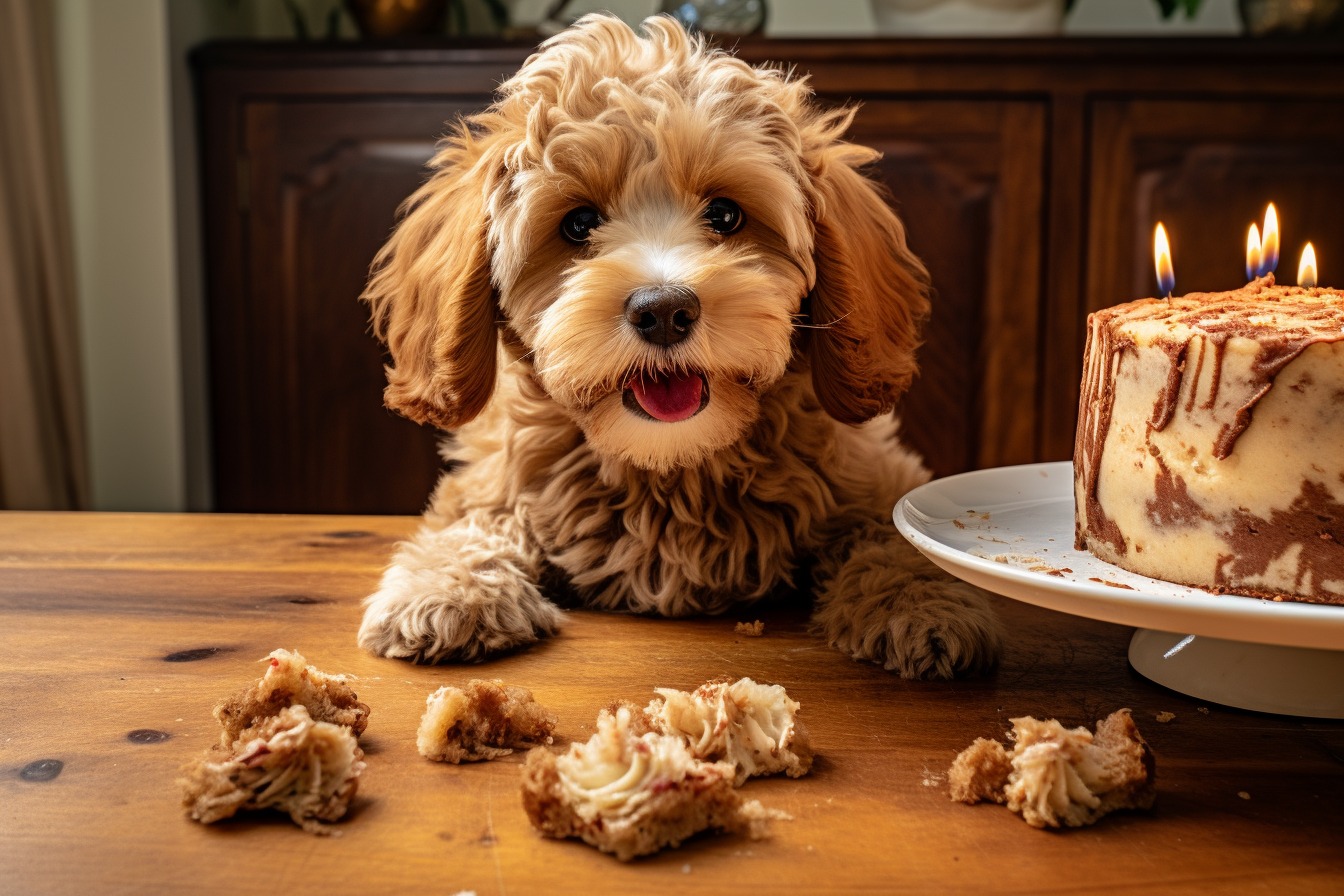 detailed view of a dog-friendly birthday cake with a small curly dog near it