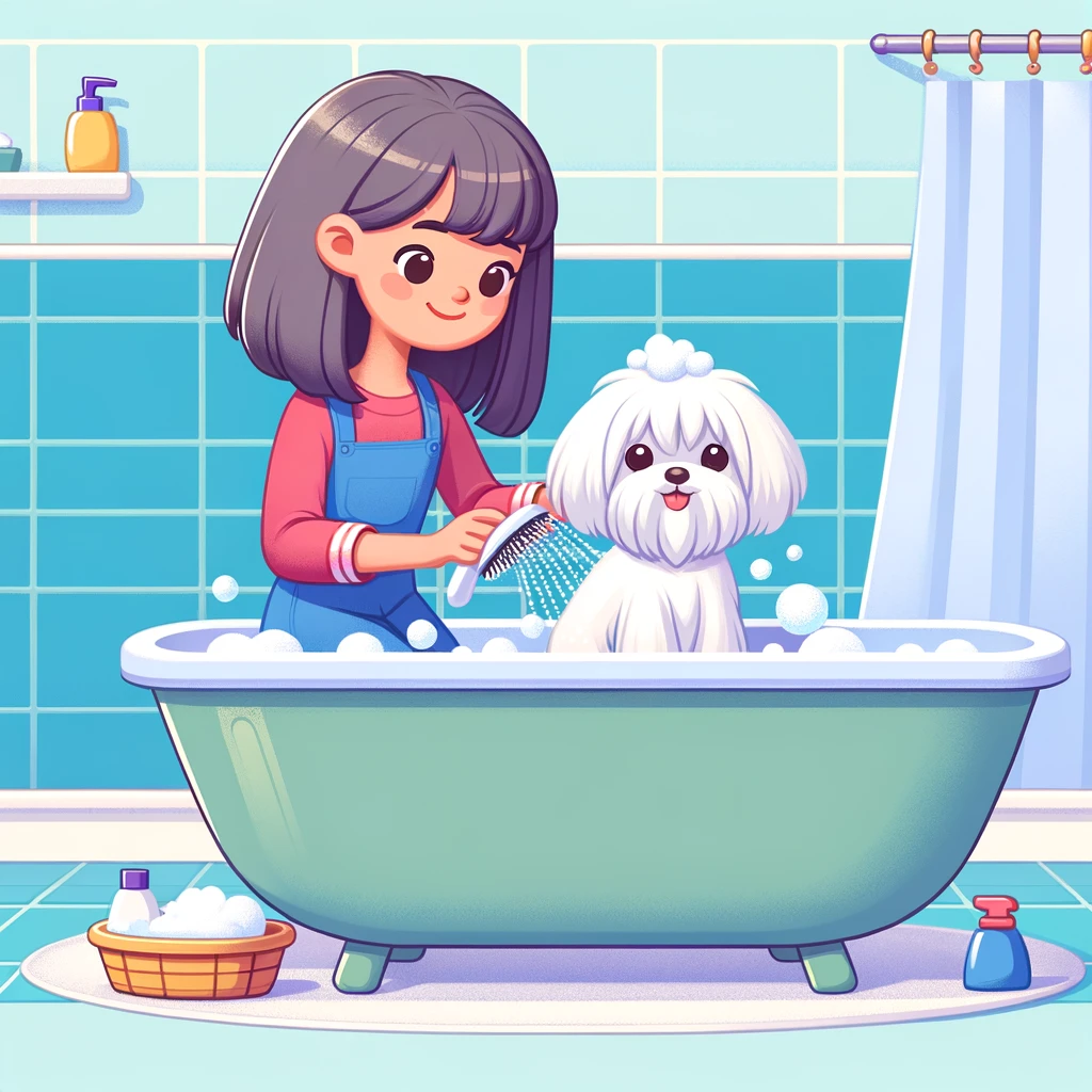 a person giving a maltese dog a bath