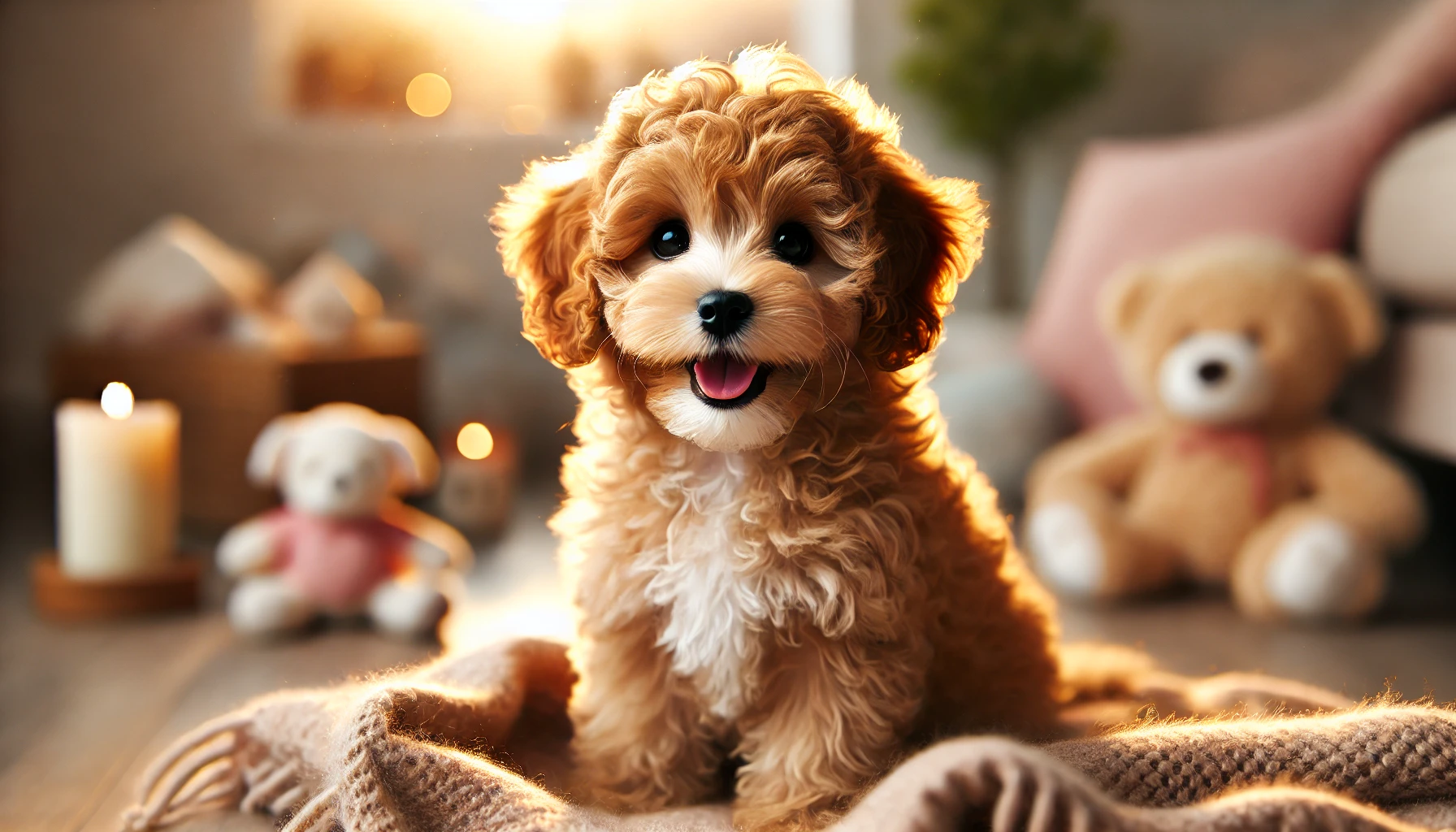 image of a happy F1B Maltipoo puppy with curly brown hair, sitting in a cozy indoor setting