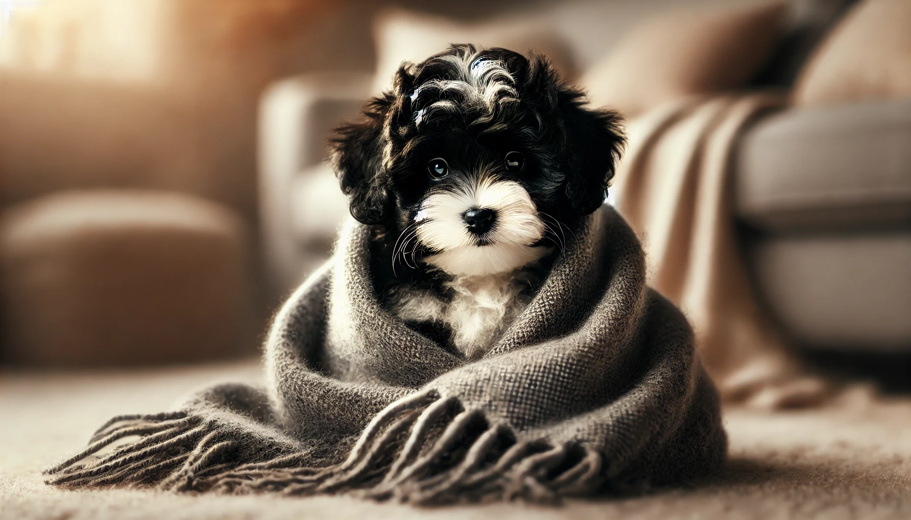 A high-quality image featuring a small black and white Maltipoo puppy sitting cozily wrapped in a blanket. The puppy looks adorable and content