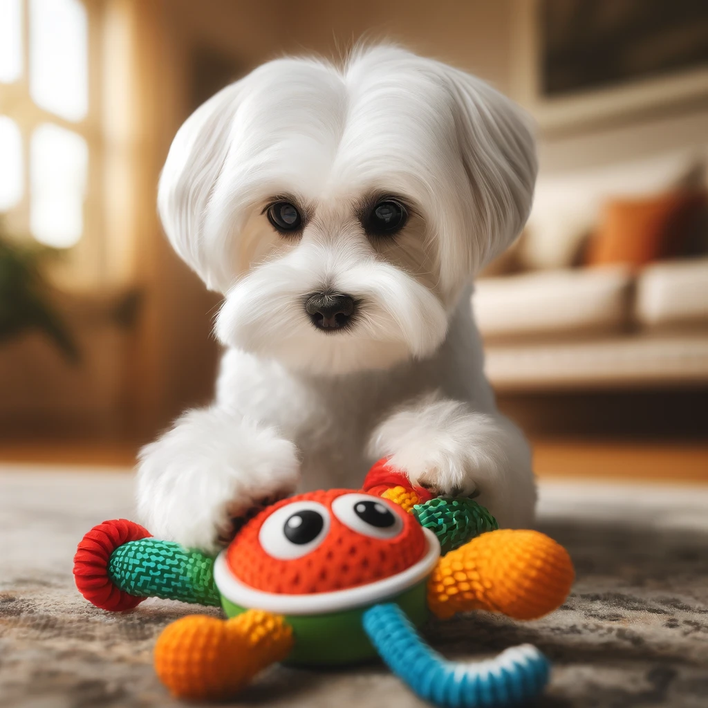 maltese playing with a dog toy