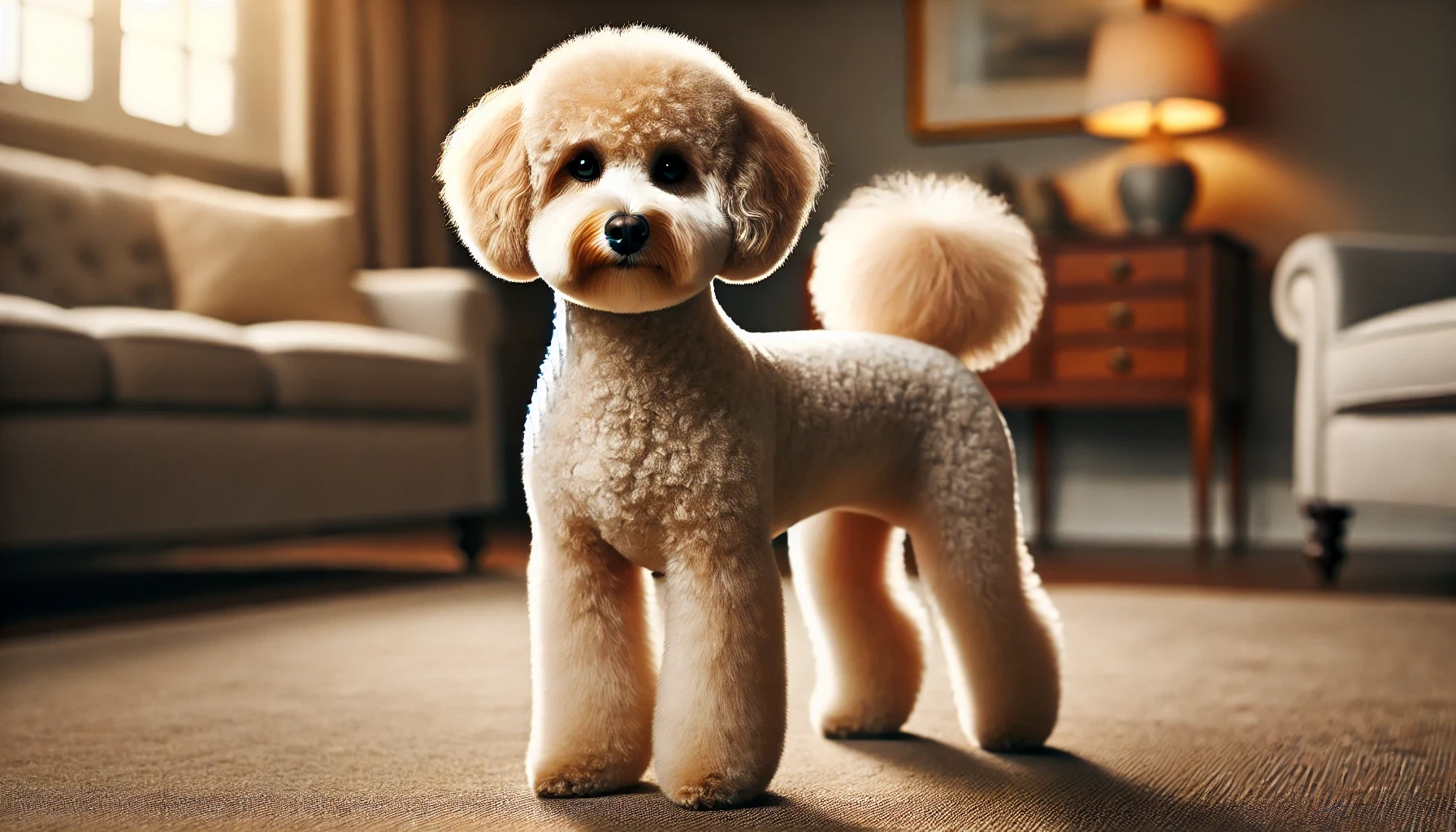  image of a realistic Maltipoo with a Poodle Cut. The dog's body fur is neatly clipped to ½ inch