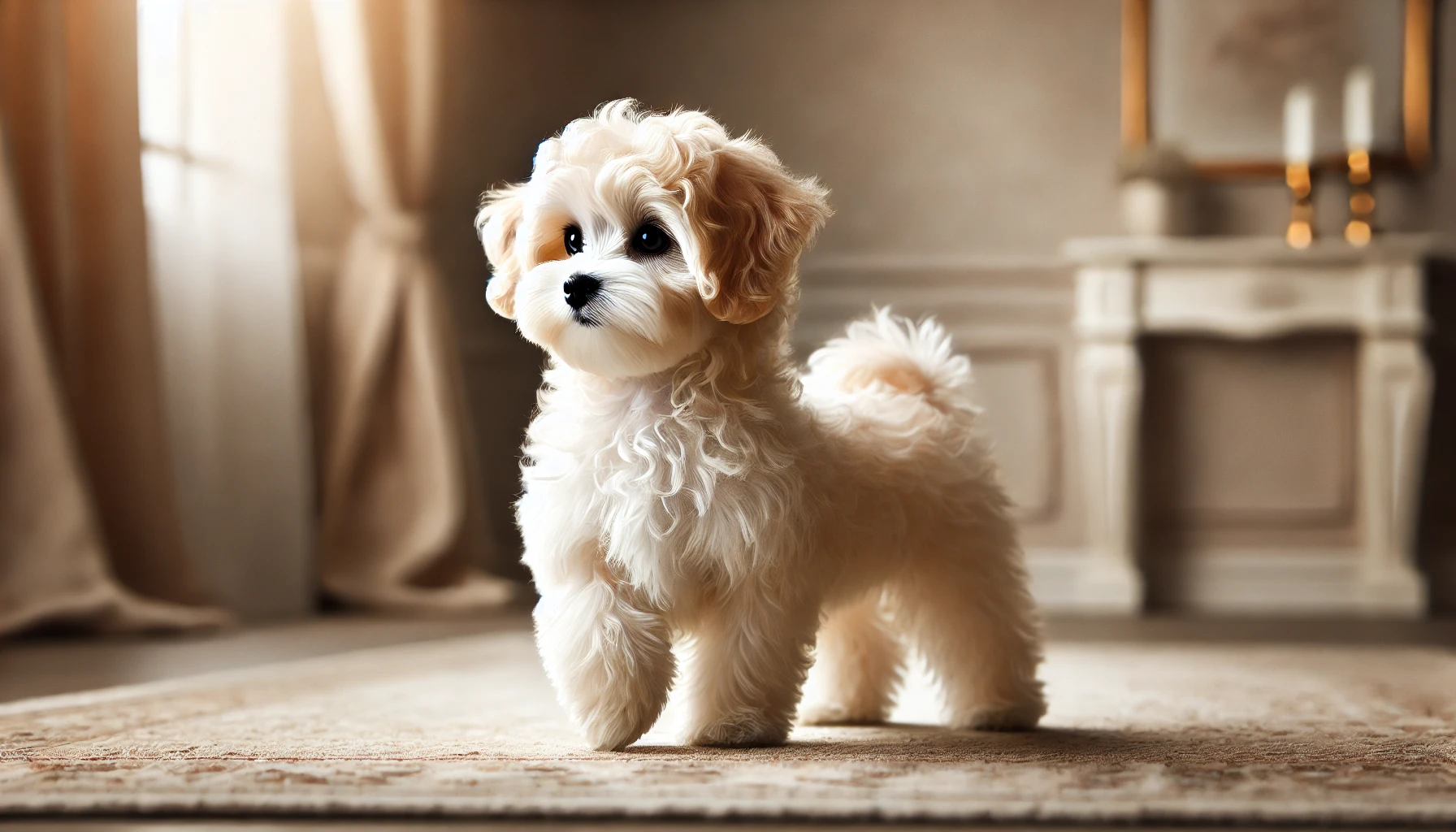 image of a Mini Maltipoo standing proudly with one paw slightly lifted, looking sideways