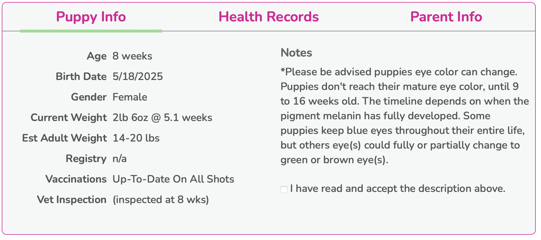 premier pups image of what a puppy profile page contains