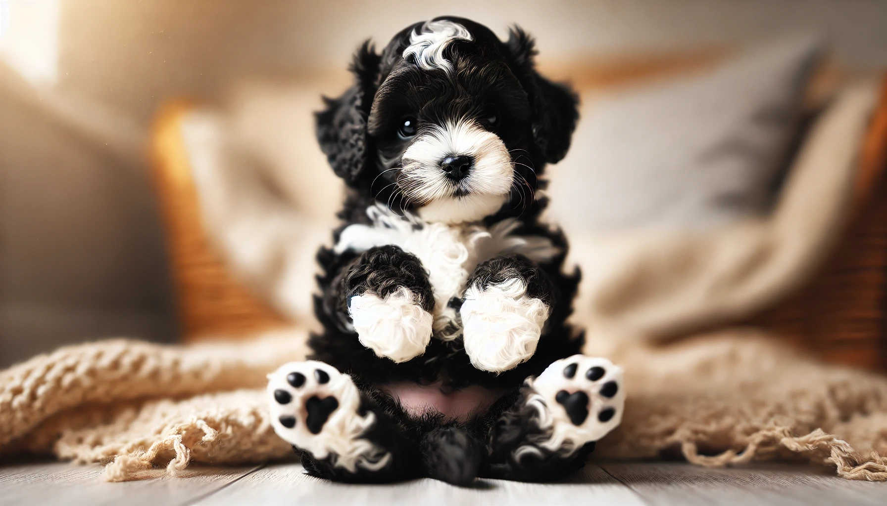 A high-quality image featuring an 8-week-old black and white Maltipoo puppy sitting on its back, with its paw pads visible. The puppy looks adorable