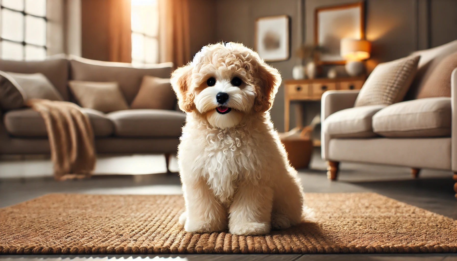  image of a Standard Maltipoo, the largest Maltipoo variation, sitting confidently on a soft rug in a cozy room