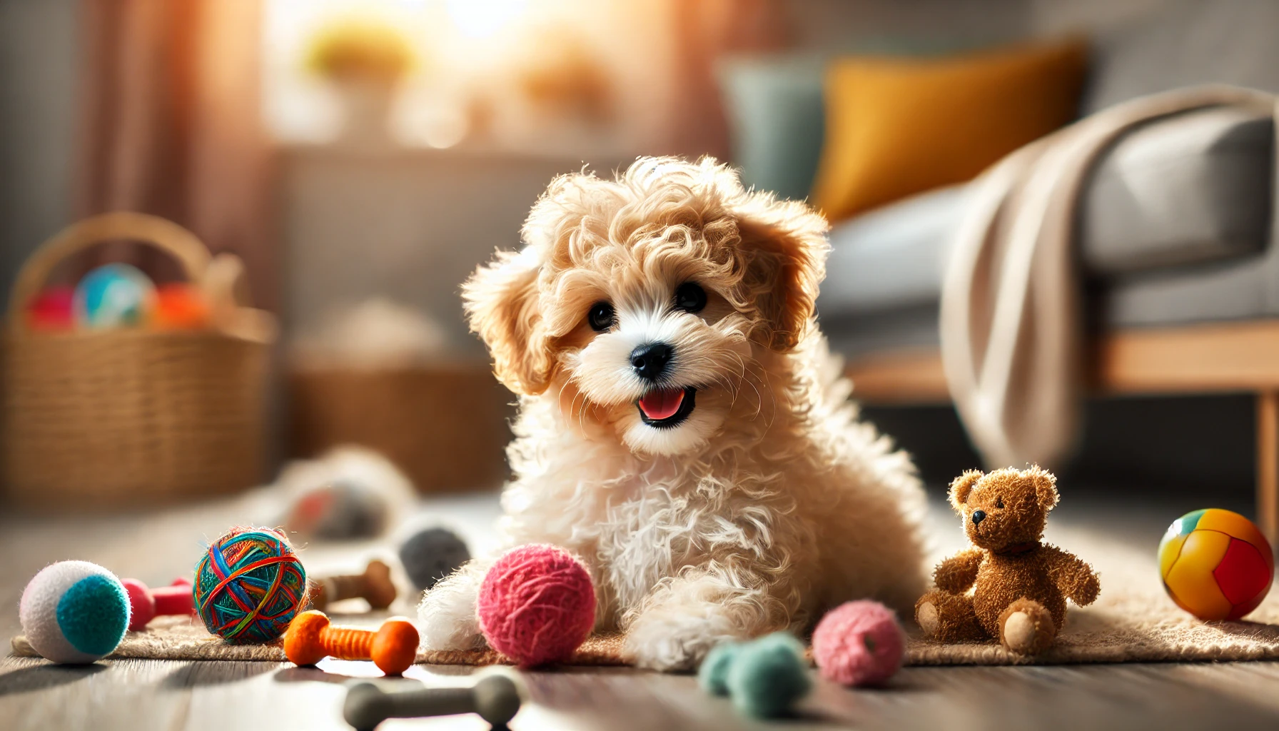 image of a small F1B Maltipoo puppy with curly hair, playing happily with dog toys in a cozy home. The puppy has a fluffy, curly coat