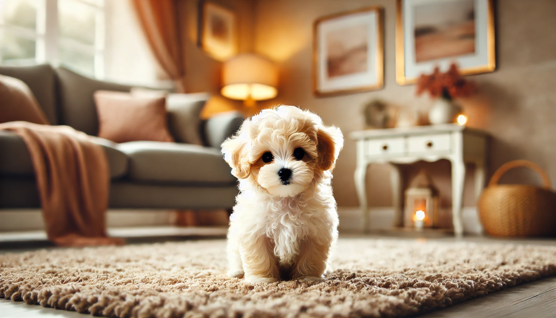  image of a Teacup Maltipoo, the smallest Maltipoo variation, sitting adorably on a soft rug in a cozy room