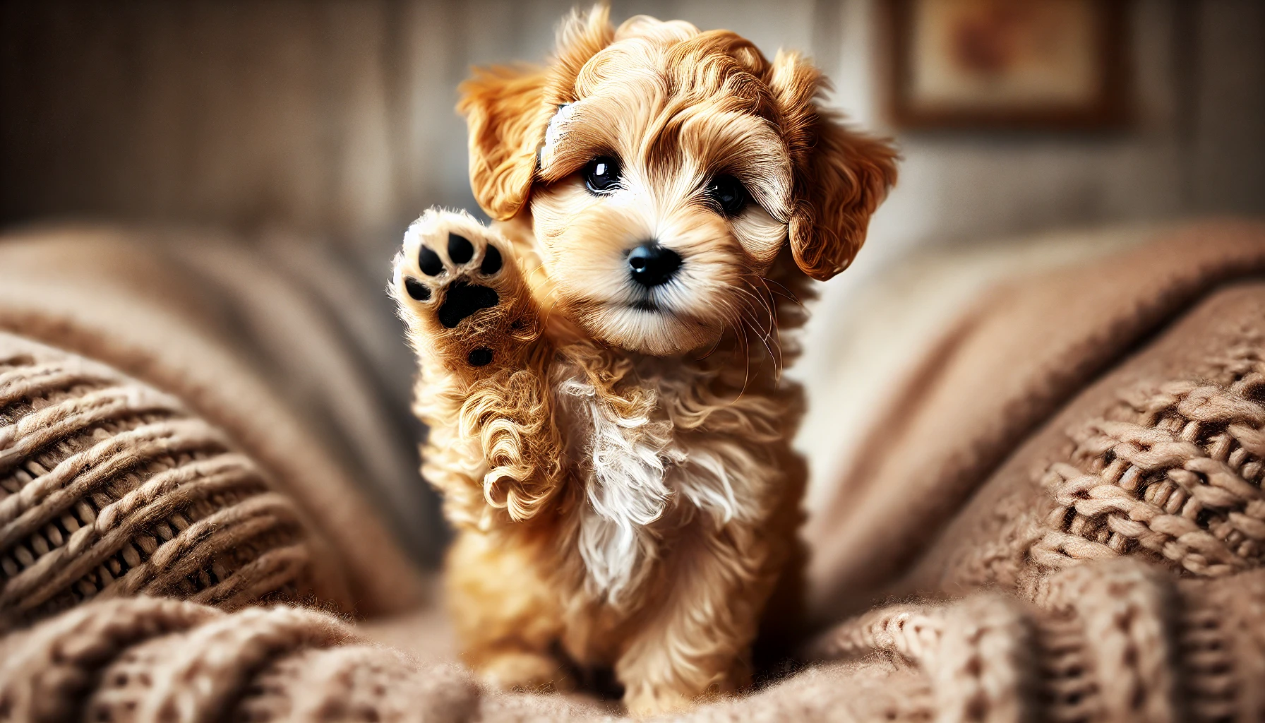 image of a 5-week-old tan Maltipoo puppy with a raised paw facing the camera. The puppy has a fluffy tan coat and looks playful