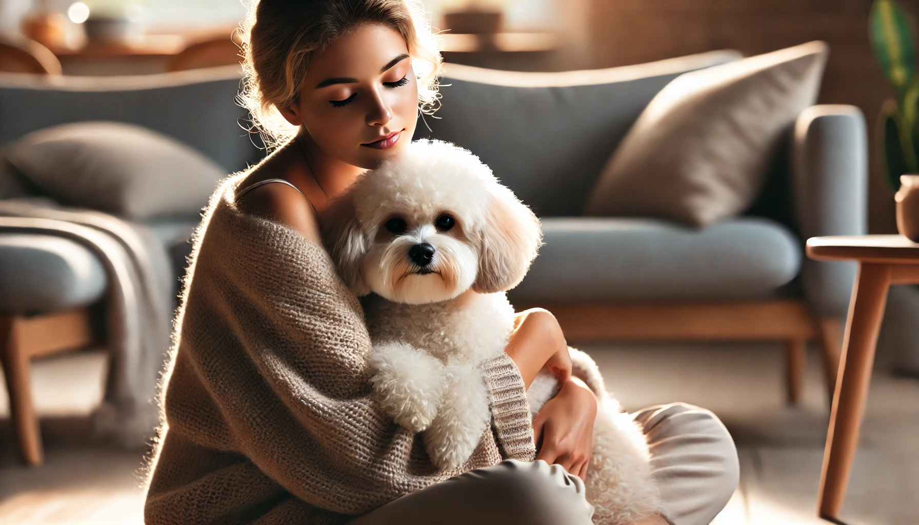  image of a person cuddling with a Maltipoo dog