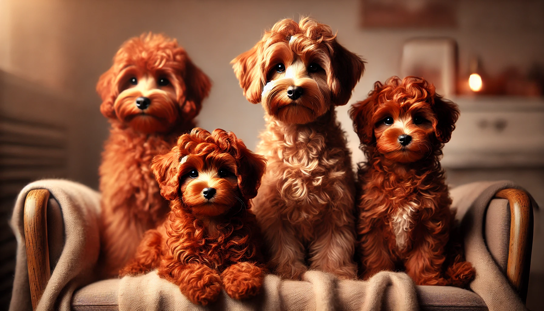 image featuring a few red Maltipoo dogs, each with a different shade of red. The shades range from light reddish-brown to a deep red