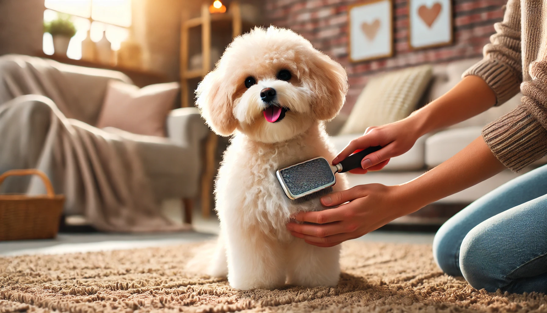 image of a Mini Maltipoo being gently groomed by a person in a cozy, warmly lit room