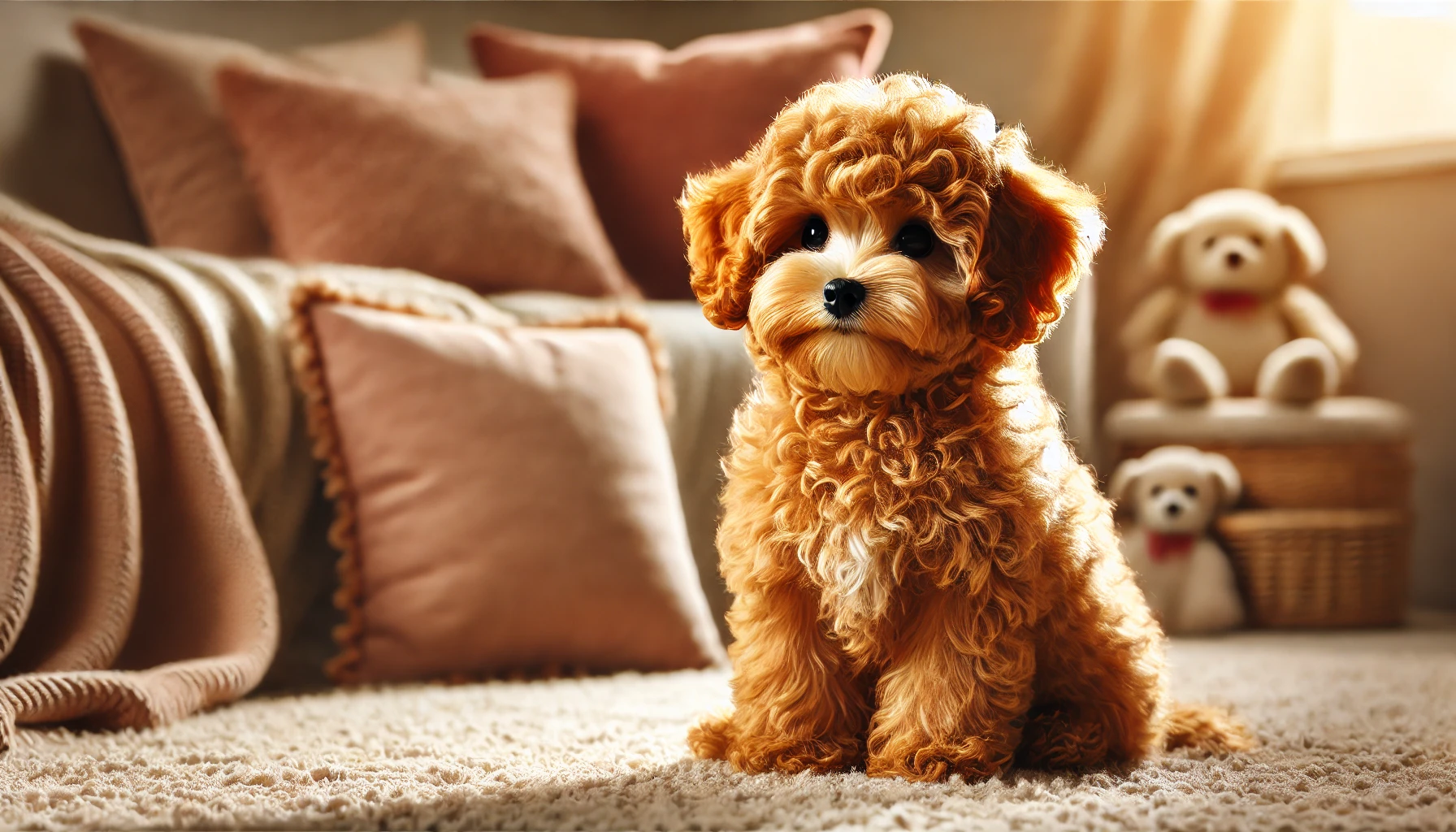  cozy scene featuring a small, cute, fluffy Maltipoo with a solid apricot-colored, curly coat. The Maltipoo is sitting sideways, showcasing its build