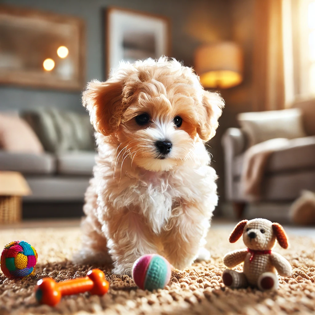 image of a small, adorable Maltipoo puppy playing with a couple of toys in a cozy, well-lit room