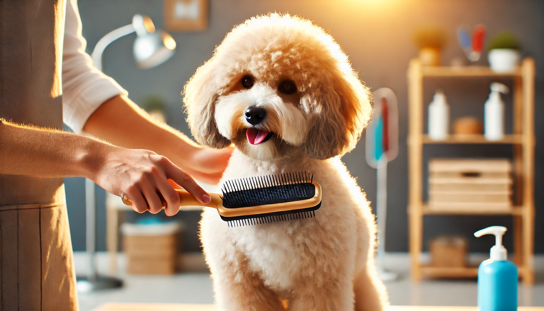 image of a person brushing the coat of a beautiful Maltipoo dog. The Maltipoo looks content and well-groomed