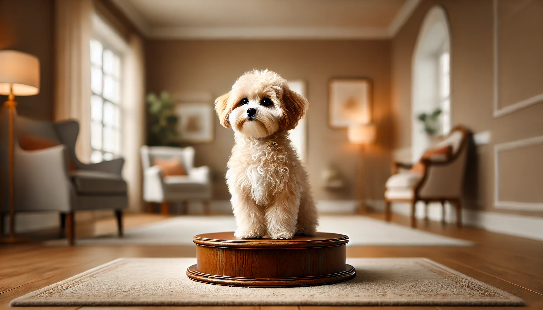 image of a small adult Toy Maltipoo sitting proudly on a podium inside a cozy home