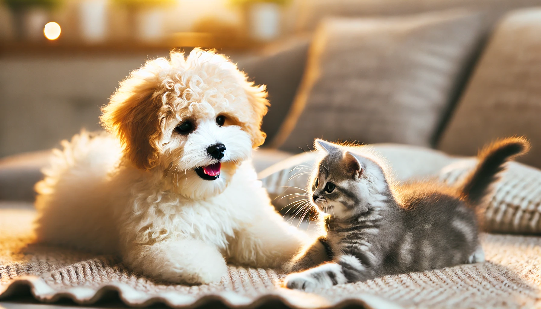  image of a Maltipoo dog playing happily with a small cat