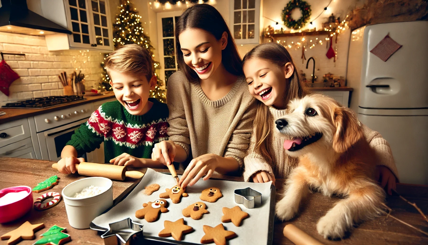 image featuring a female with a boy and a girl decorating Christmas dog cookies at a kitchen counter