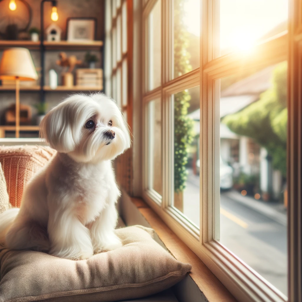 a maltese dog looking out the window