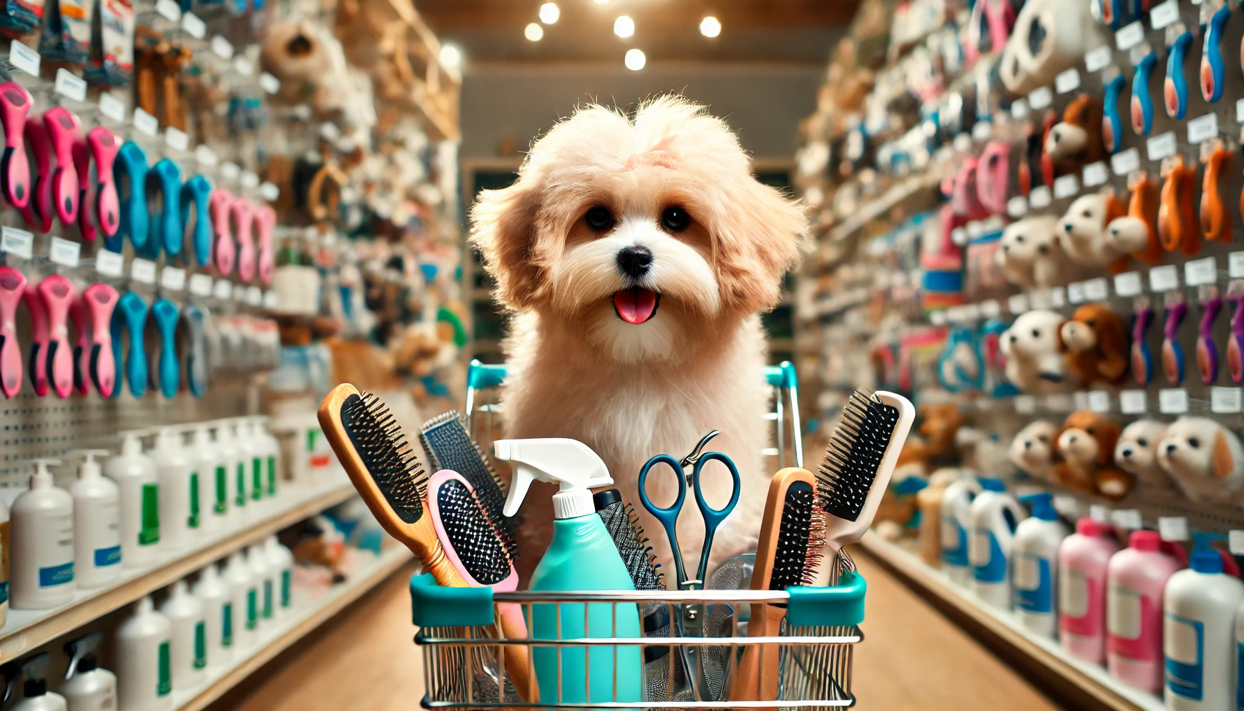 image of a small Maltipoo sitting in a shopping cart filled with grooming tools and supplies for dogs