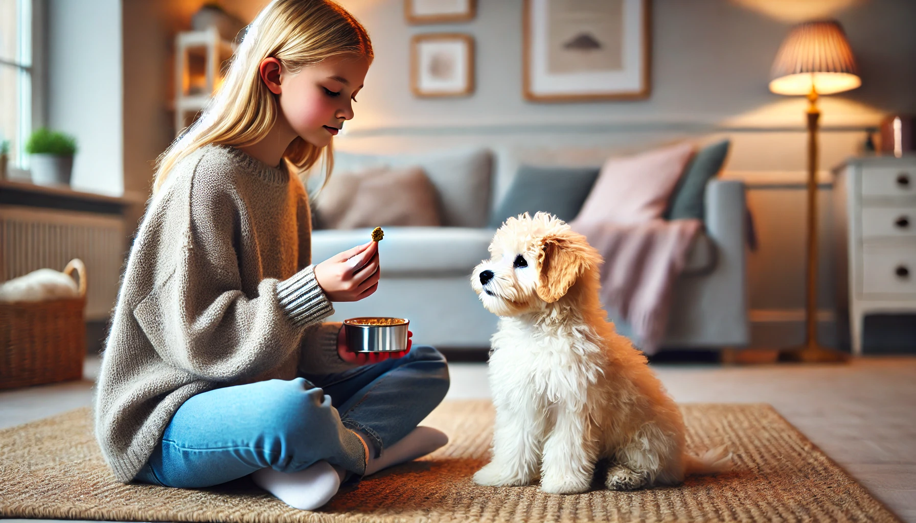 image of a Mini Maltipoo puppy attentively following a training command from a teenage blond girl