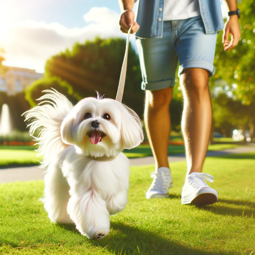a maltese dog being walked on a leash by a person