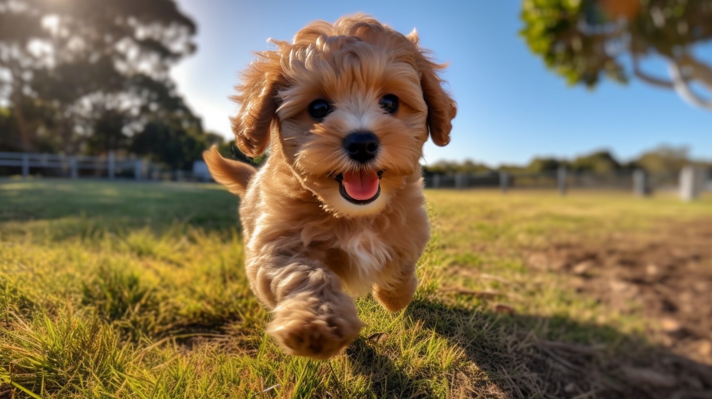 happy Cavapoo puppy on green grass
