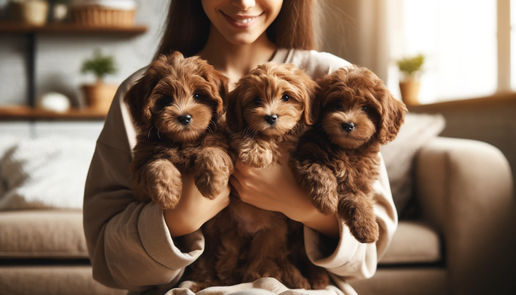 A high-quality image featuring three adorable brown Maltipoo puppies being held in a person's arms. The puppies look happy and content