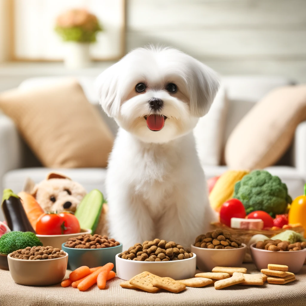 a maltese dog surrounded by food