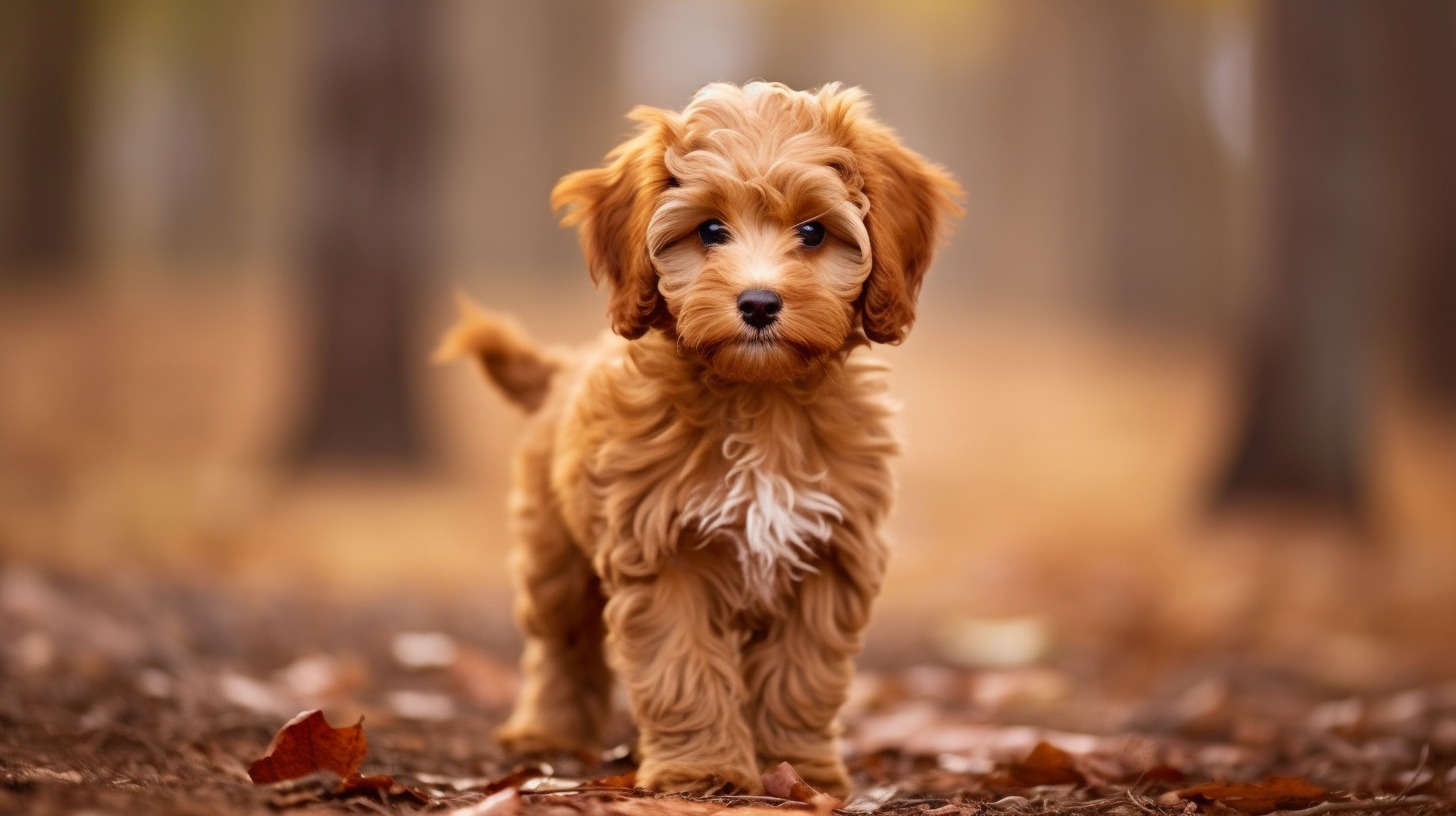 cute curly brown Cavapoo puppy on an outdoor adventure