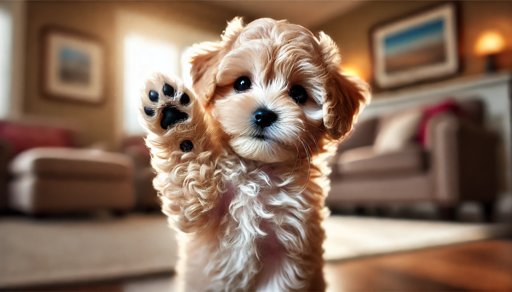 image of a very small Maltipoo puppy facing the camera with one paw raised in the air, as if waving or saying goodbye